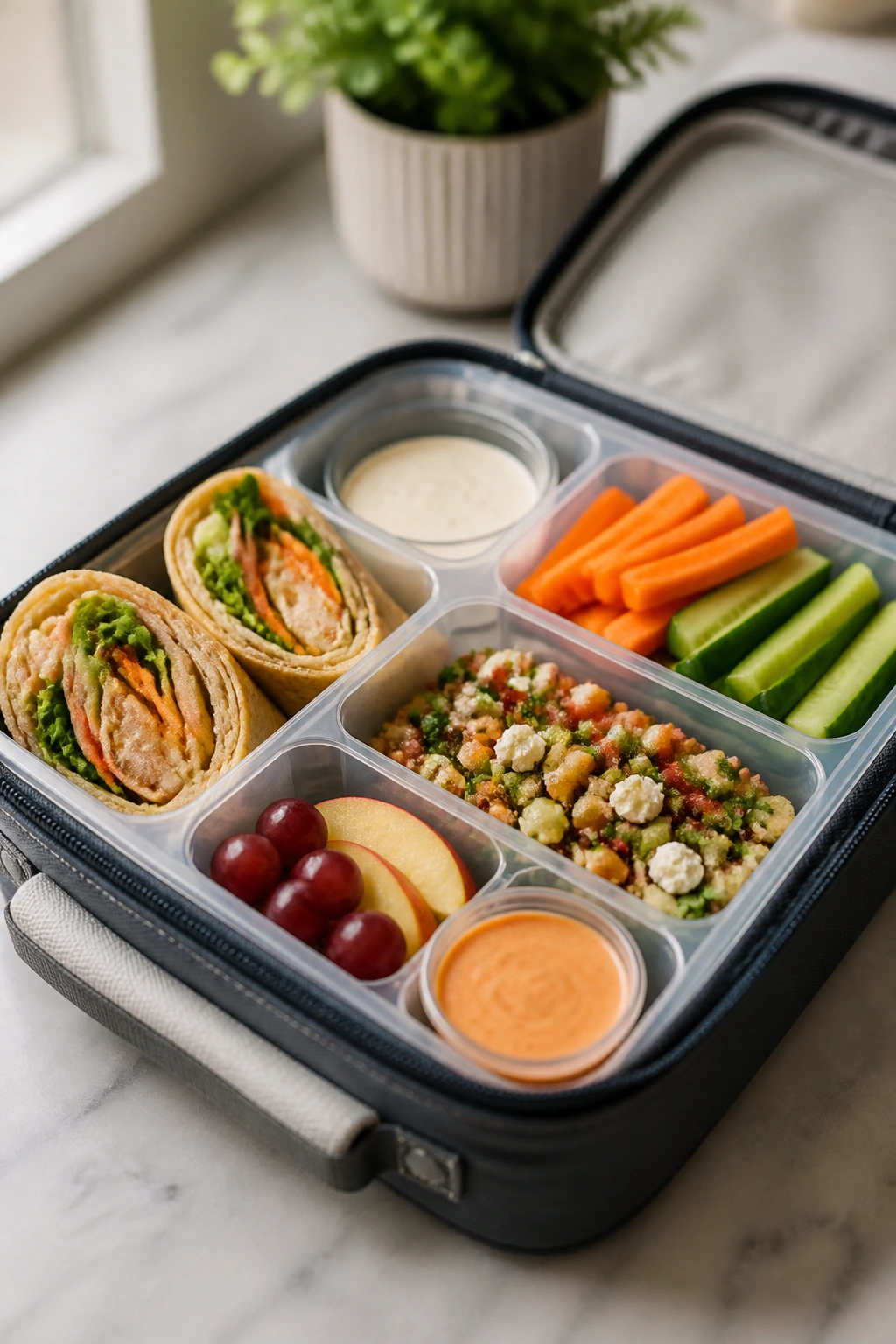 Open lunchbox with tidy compartments for wraps and sides