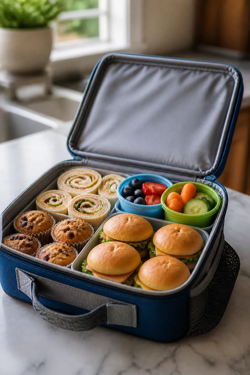 Open lunchbox with pinwheels, muffins, cups, and sliders neatly arranged on a kitchen counter.