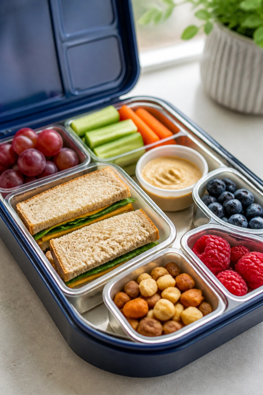 Neatly organized lunchbox with tidy sections on kitchen counter