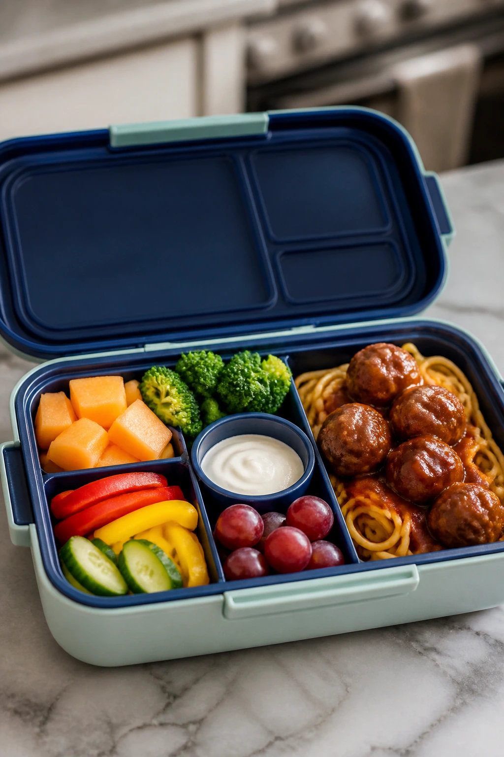 Open lunchbox showing compartments with balanced dinner portions