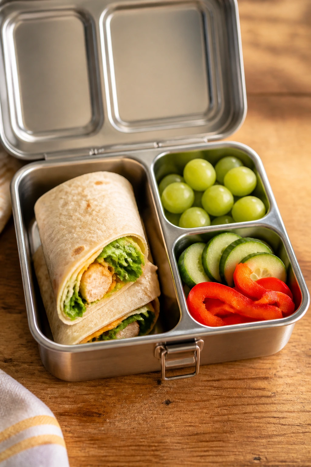 Open lunchbox showing main item and two sides in compartments