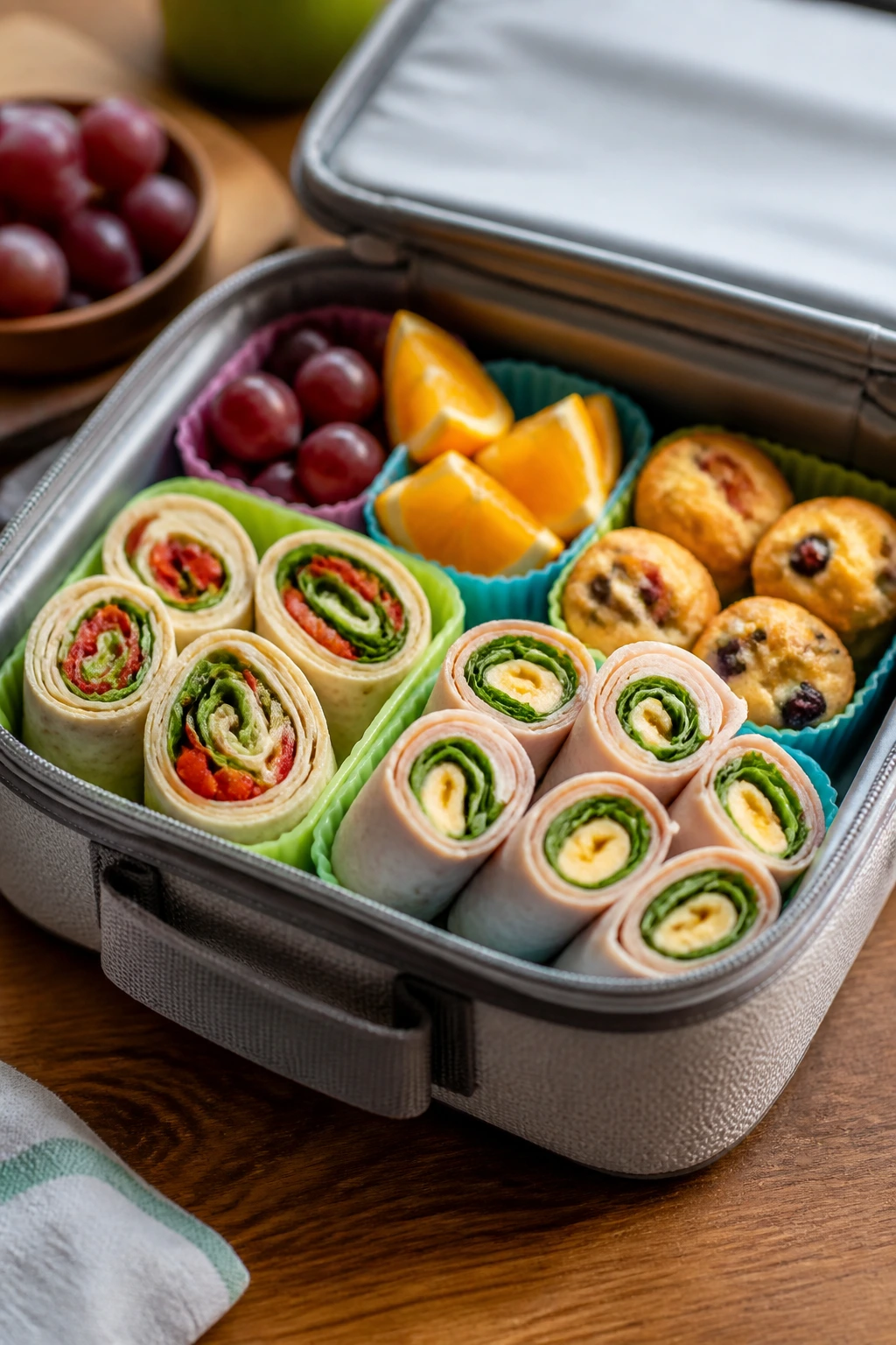 Open lunchbox showing colorful pinwheels, wedges, roll-ups, and muffins for serving