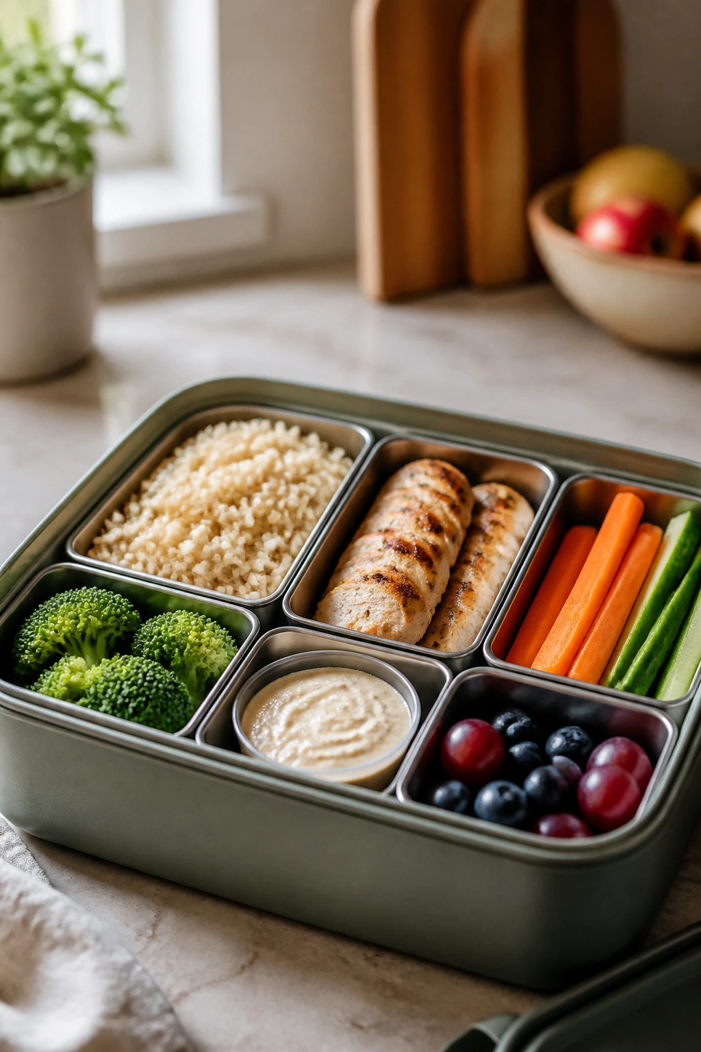 Neatly organized lunchbox with sections for grain, protein, vegetables, and sauce