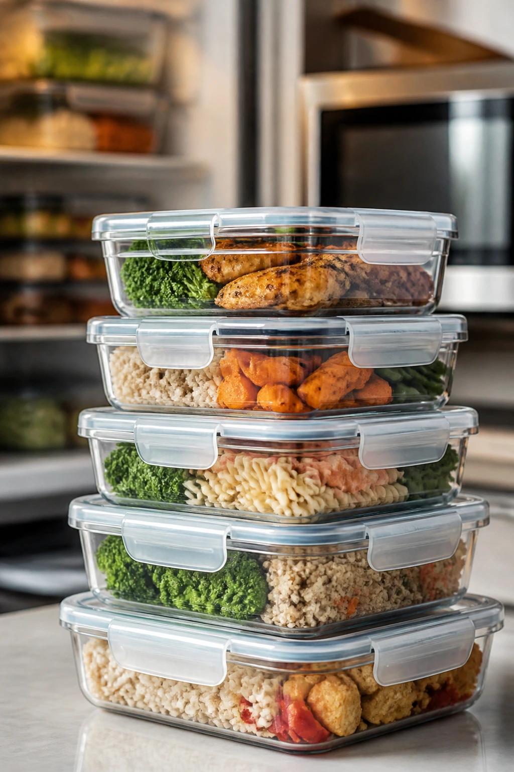 Close-up of airtight lunch-prep containers on kitchen counter in warm light