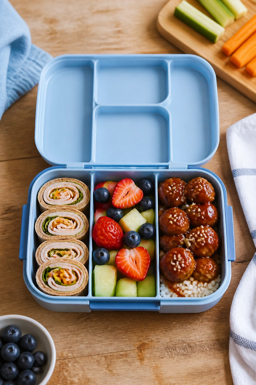 Open lunchbox showing structured compartments for meals