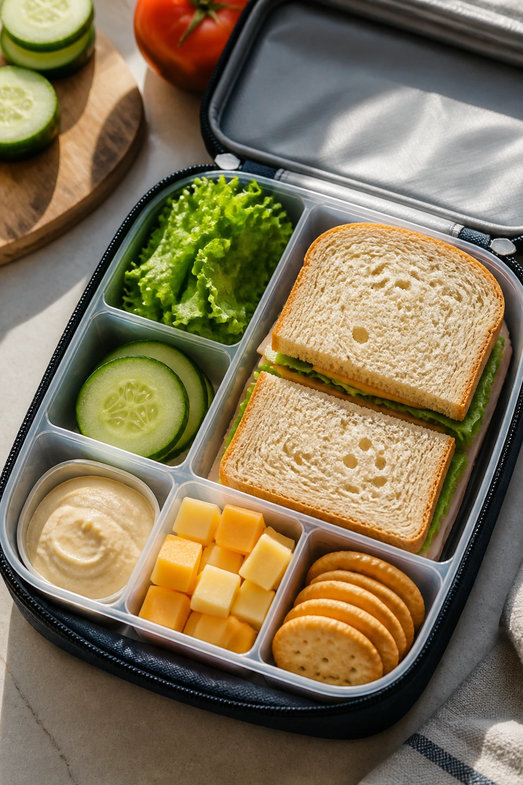 Top-down view of a lunchbox showing varied textures in separate compartments