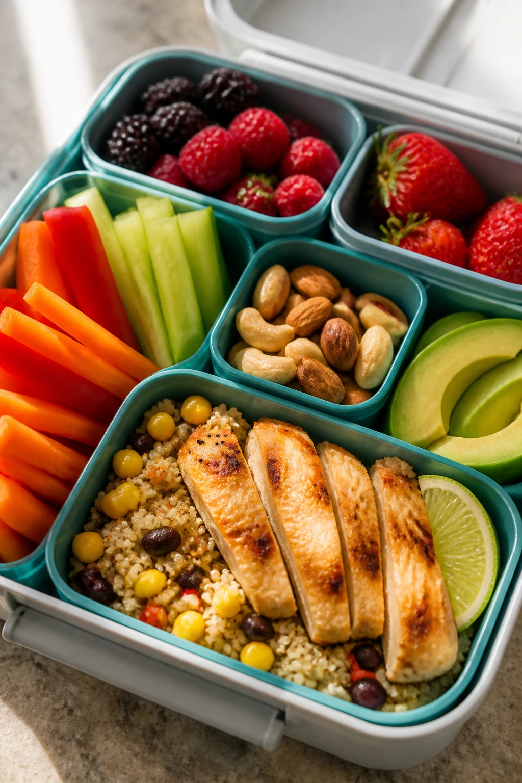 Lunchbox with varied compartments representing dietary variations