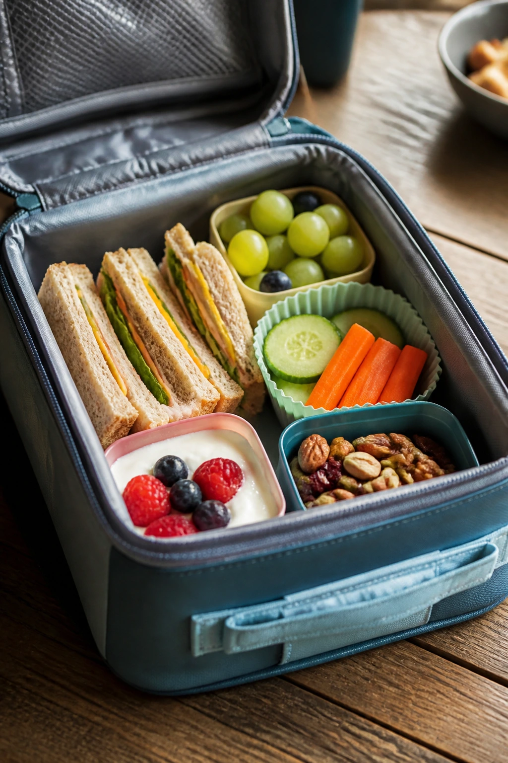 Close-up of a well-packed lunchbox showing tidy wedges and cups, travel-ready.