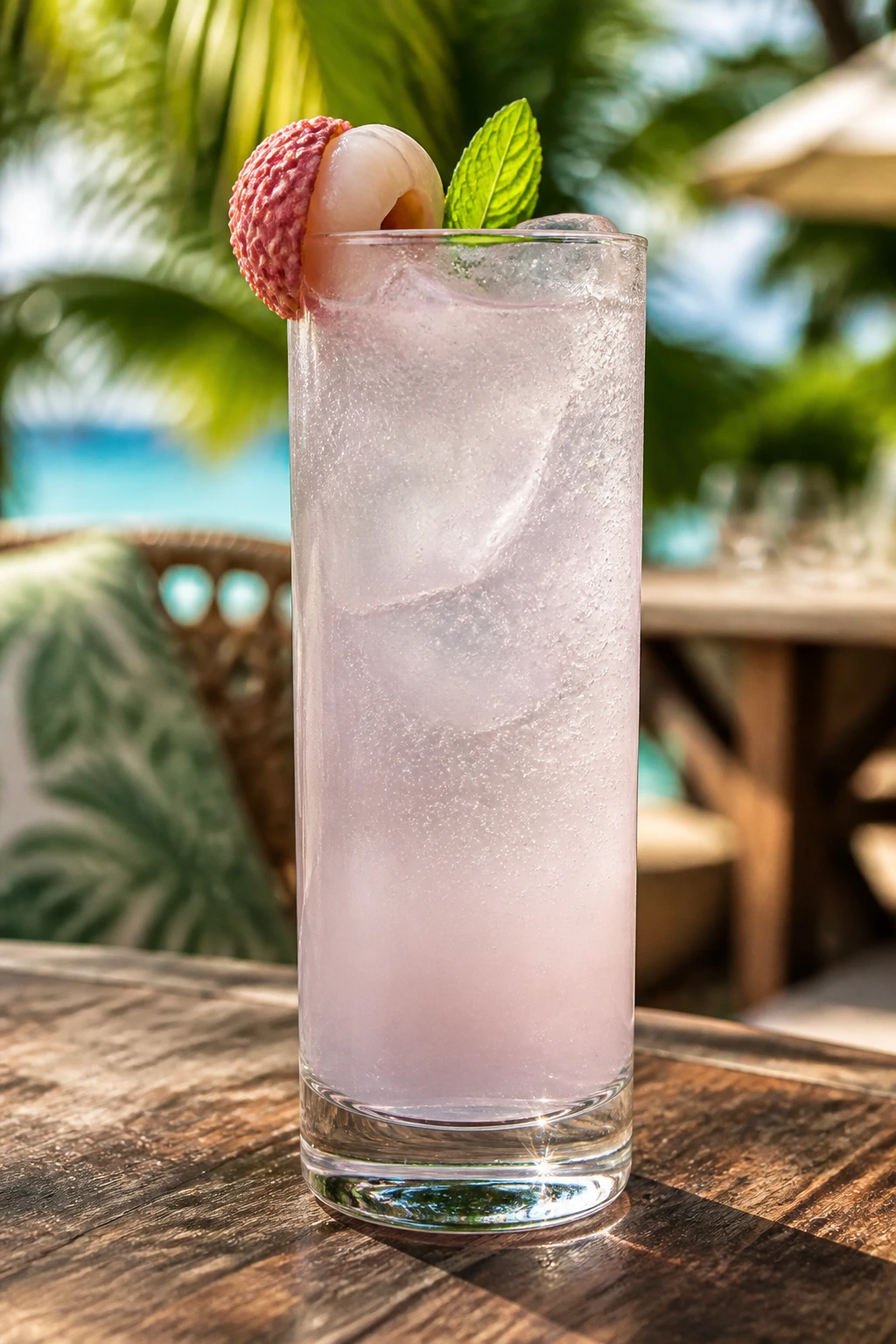 Close-up of Lychee Coconut Fizz with lychee garnish in a slender glass