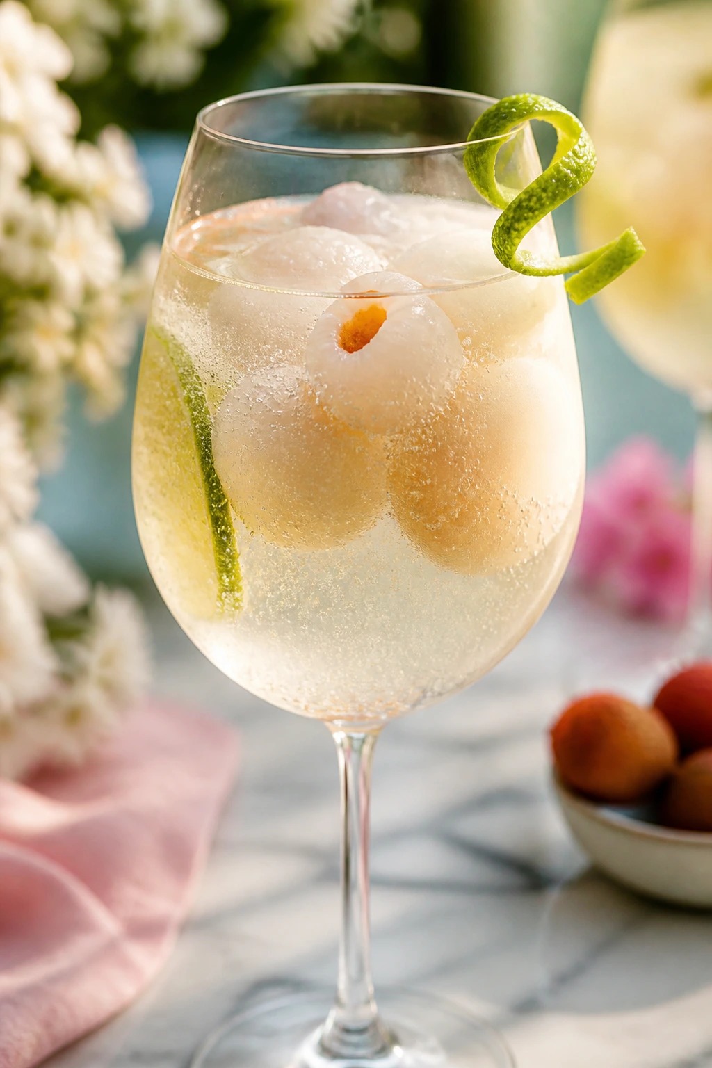 Stemmed wine glass with pale lychee elderflower sparkler and lime twist