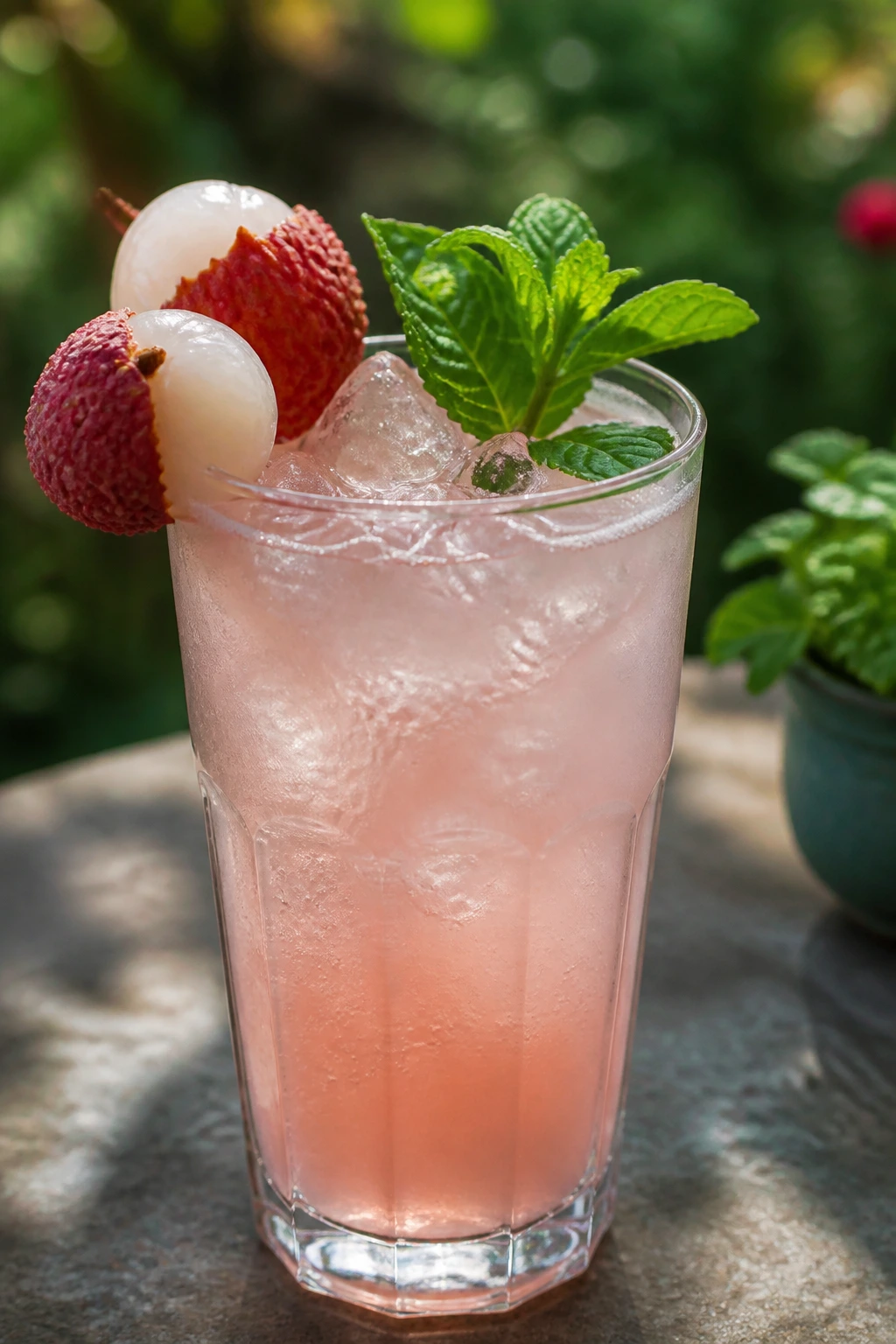 Close-up of Lychee Gin Cooler with lychees and mint garnish