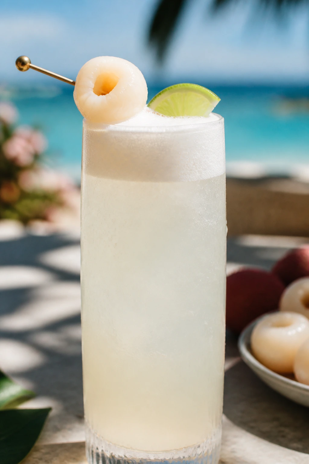 Lychee Gin Fizz with lychee garnish and foam