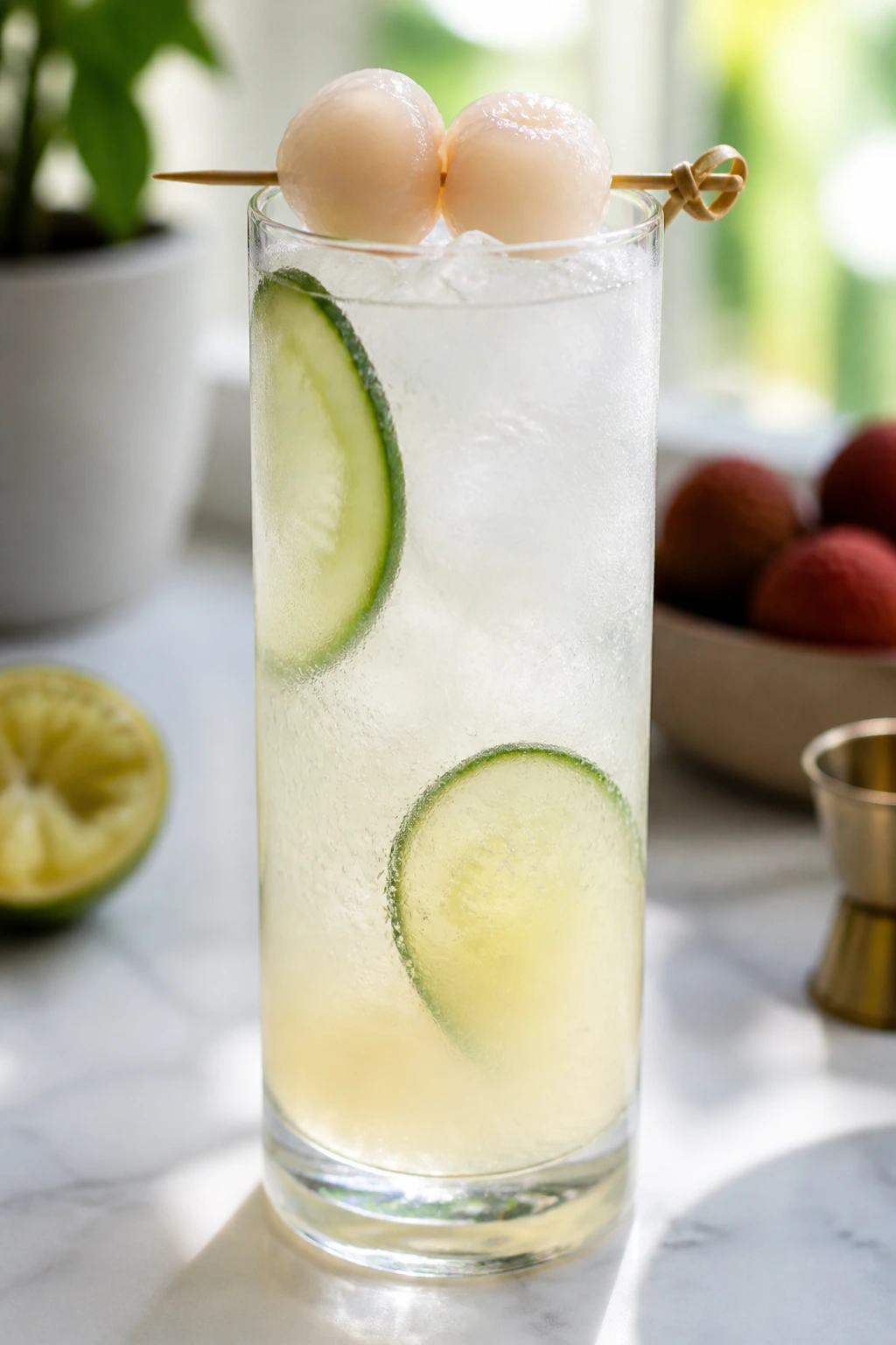 Close-up of Lychee Gin Fizz with lychee garnish on a tall glass