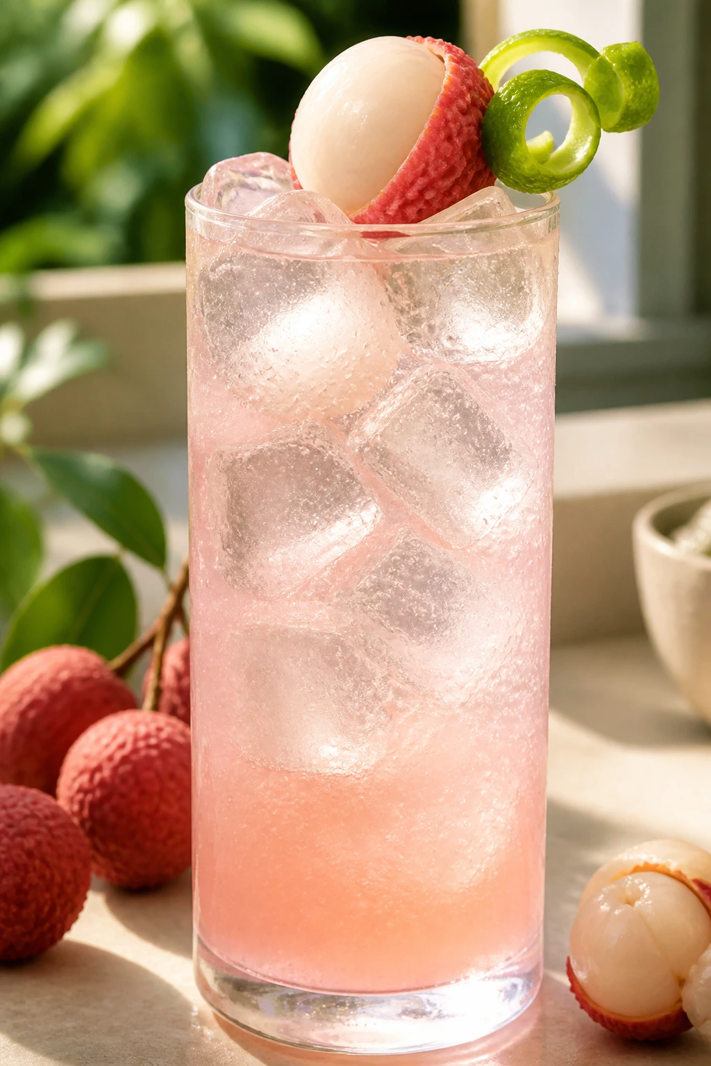 Close-up of a lychee gin fizz with lychee garnish in a tall glass under bright light