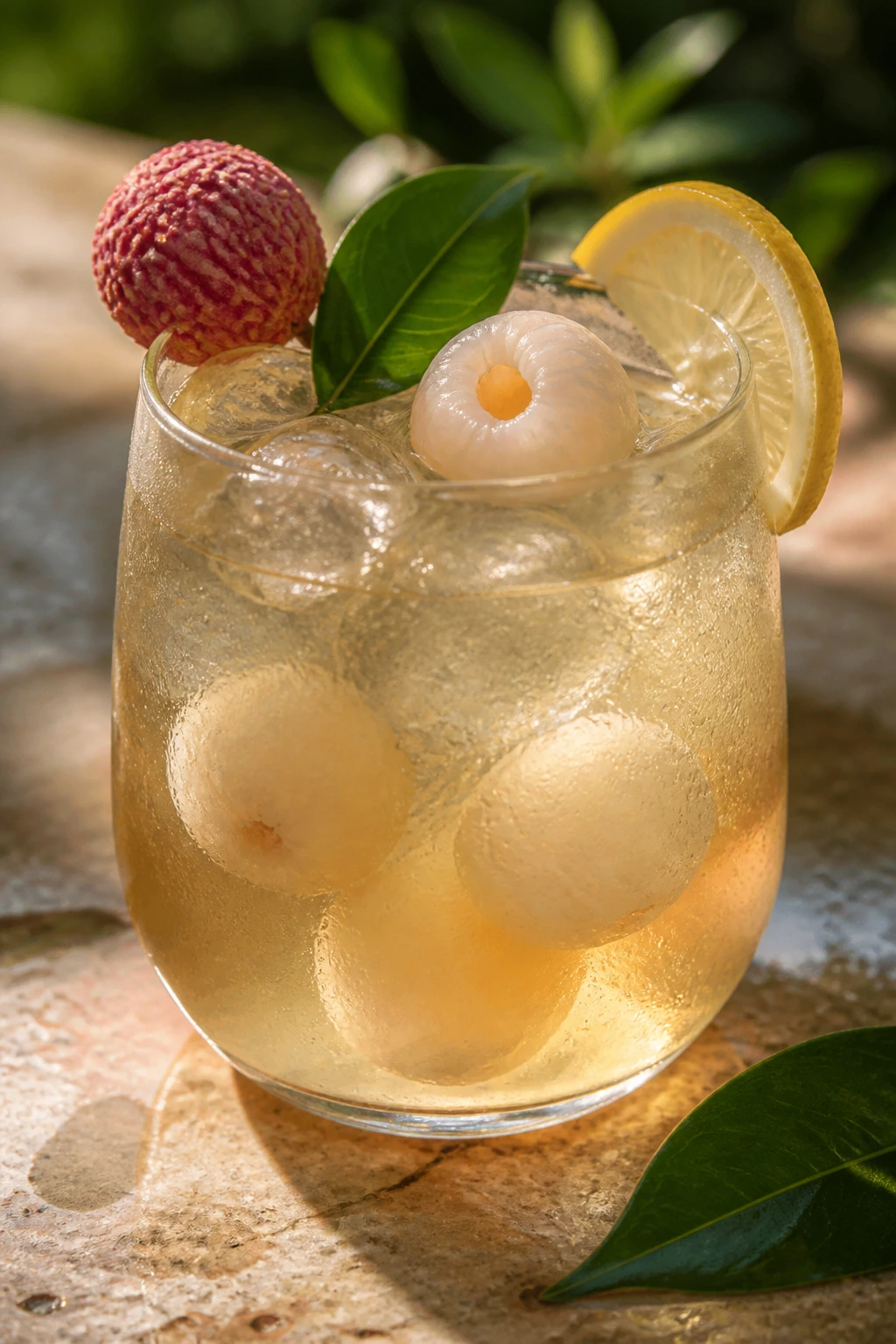 Close-up of lychee jasmine tea in a glass on a sunlit patio
