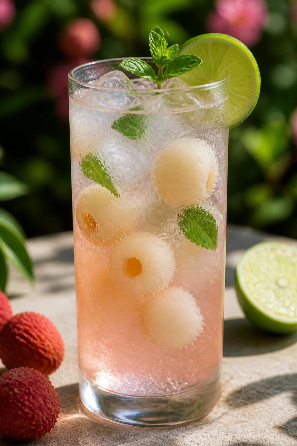 Tall glass of Lychee Lime Soda with lychee pieces on a sunlit outdoor table