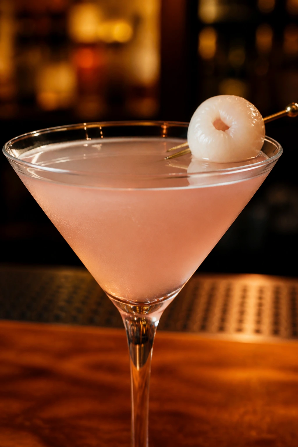 Lychee Martini in a chilled martini glass with lychee garnish