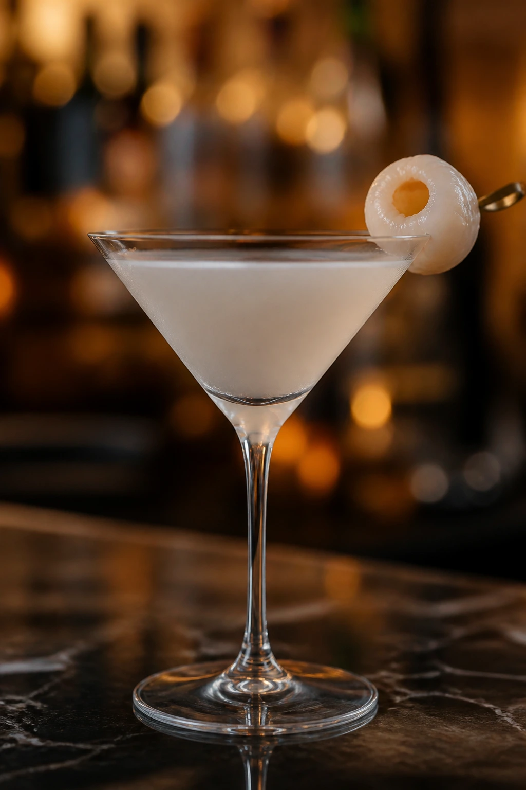 Lychee martini in a martini glass with lychee garnish