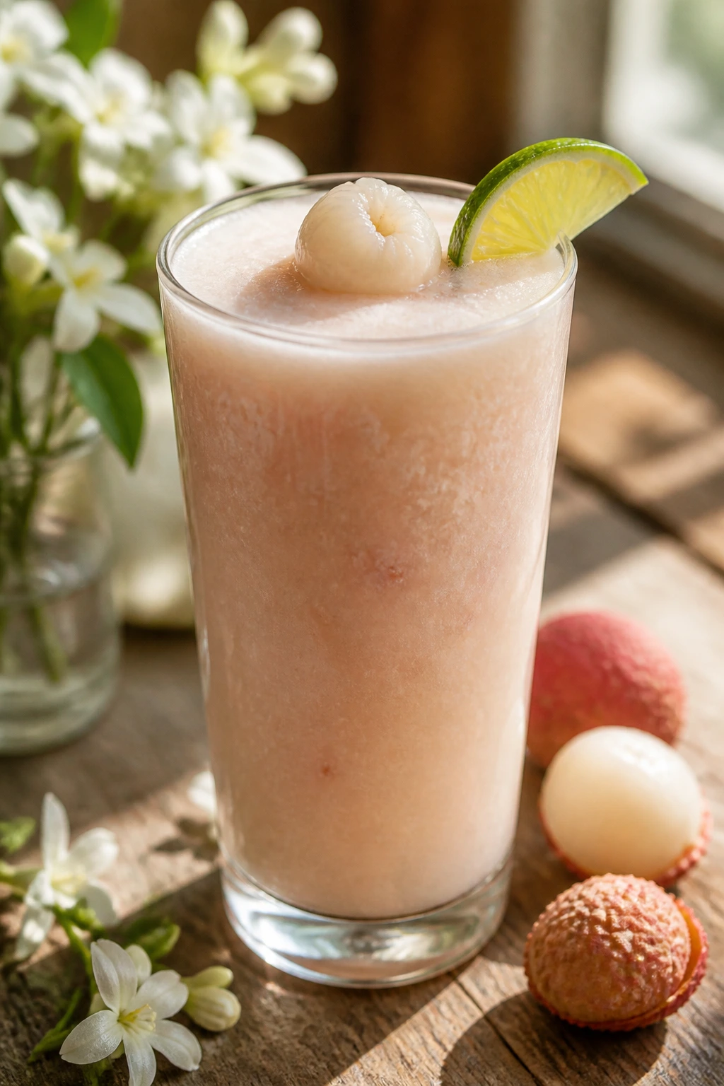 Close-up of Lychee Jasmine Lime Smoothie in a glass on a wooden counter