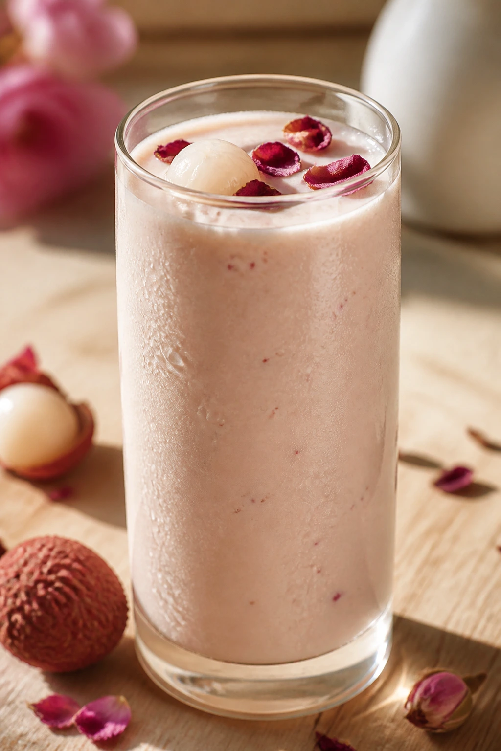 Close-up of Lychee Coconut Rose Smoothie in a glass on a wooden counter