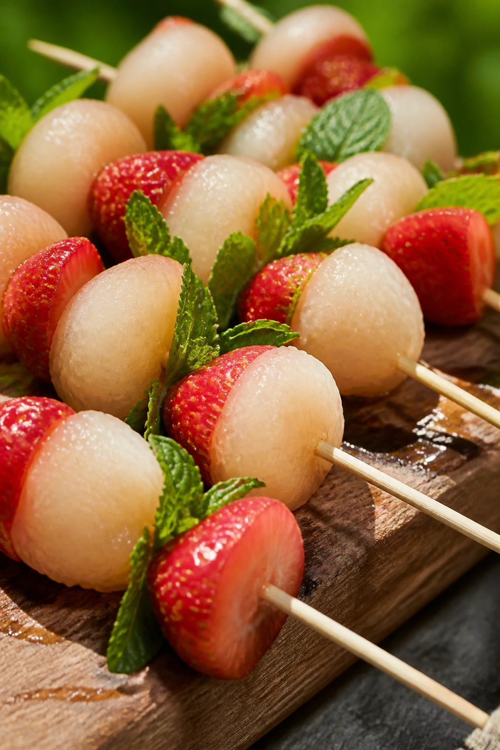 Close-up lychee and strawberry kebabs with mint on a rustic board in sunlight