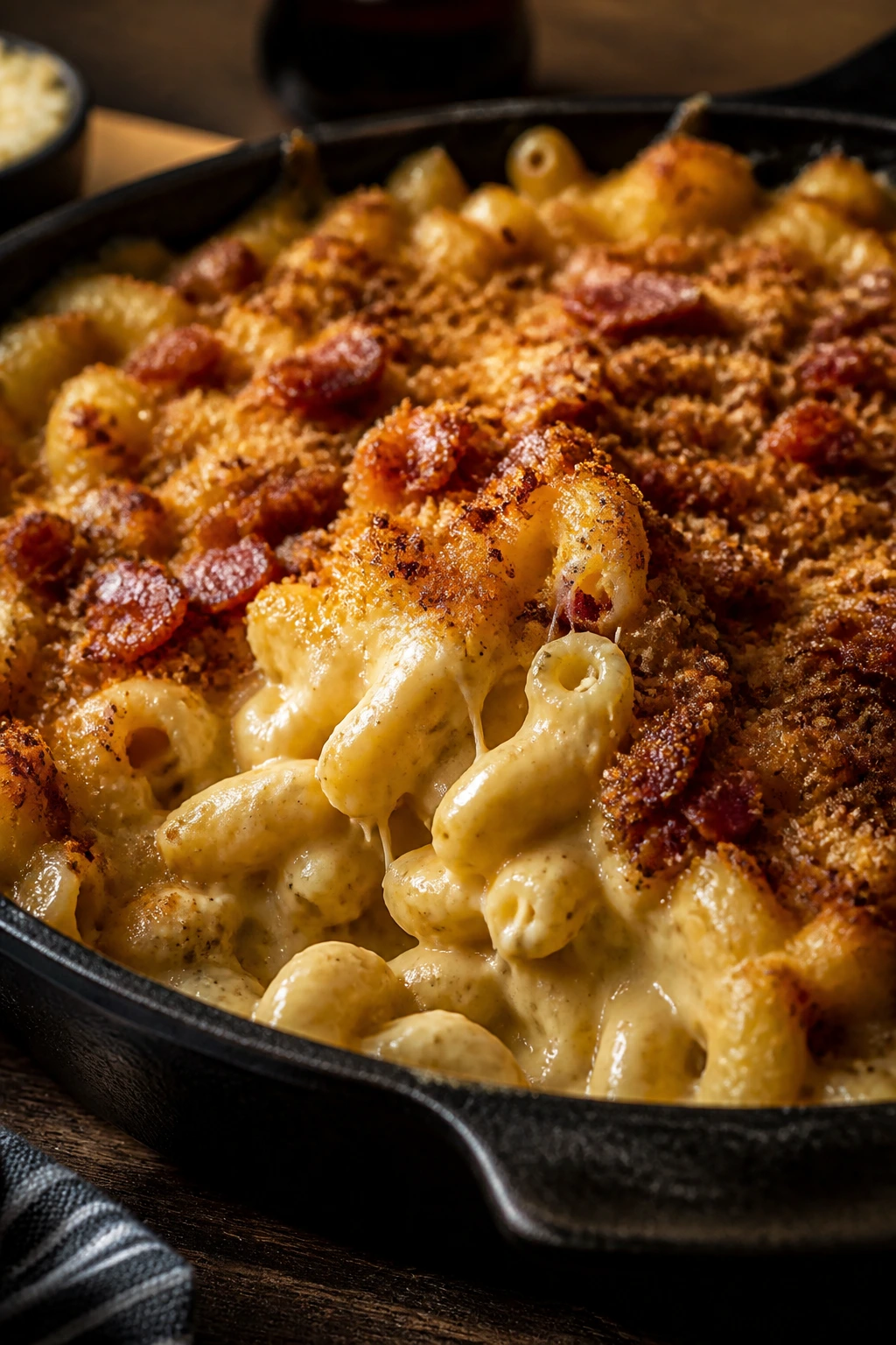 Close-up of smoked mac and cheese with a bacon crumb topping in a cast iron skillet.