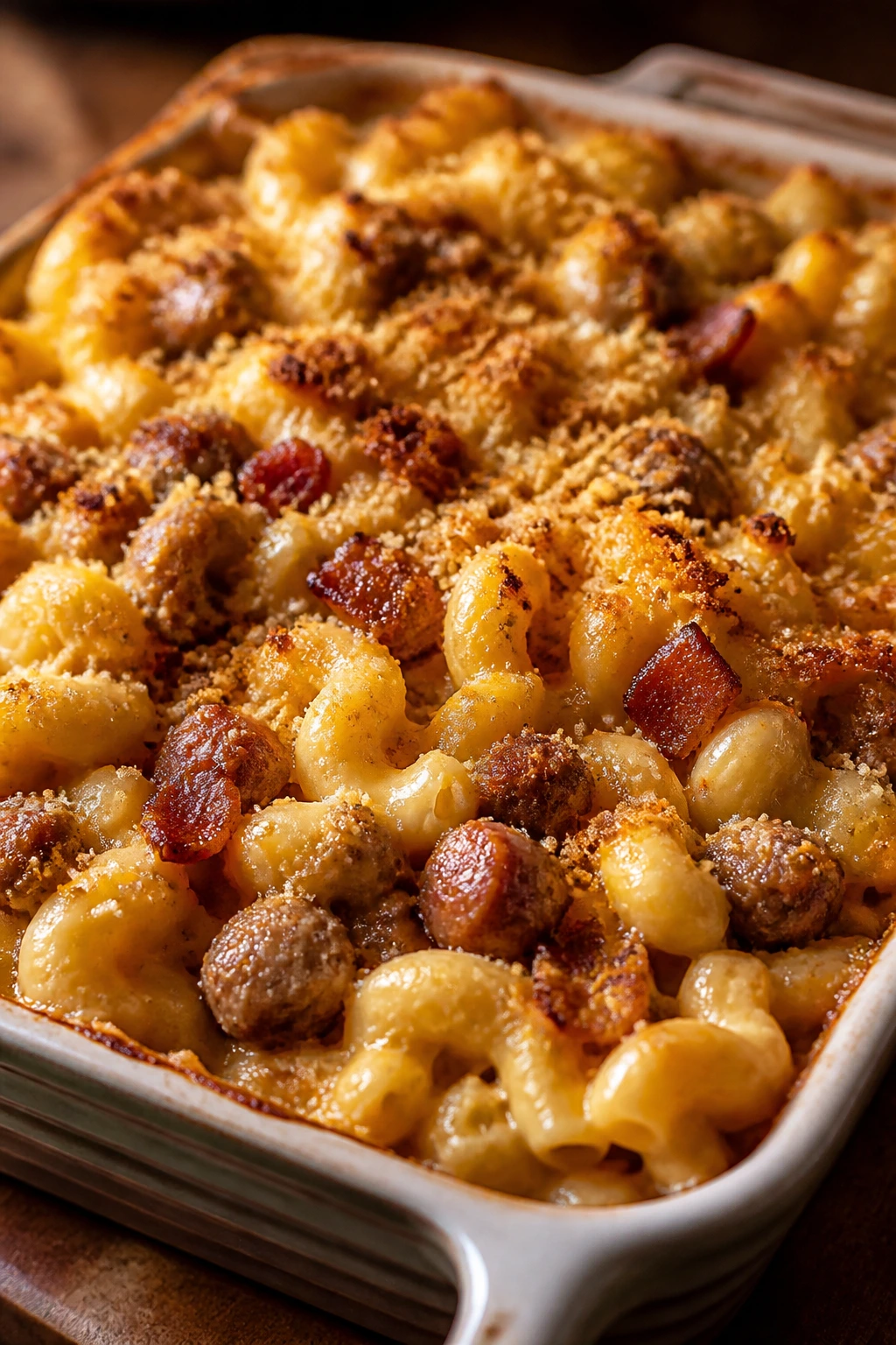 Creamy mac and cheese with bacon and sausage in a baking dish