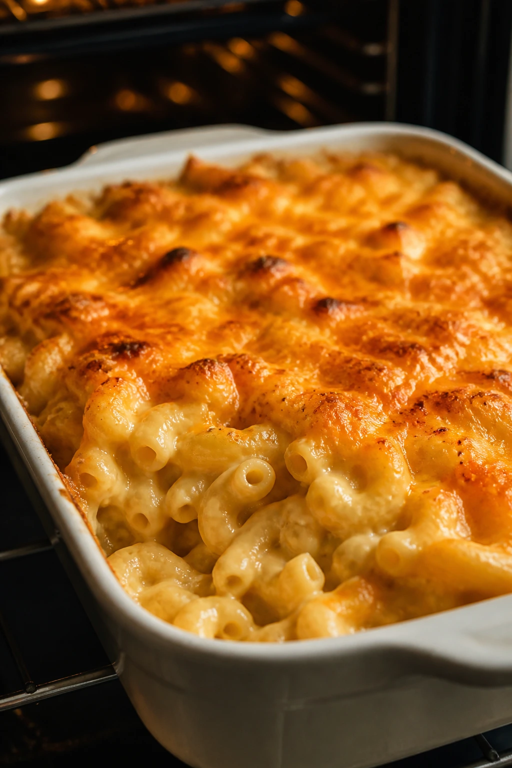 Mac and cheese bake with a golden crust filling the baking dish.
