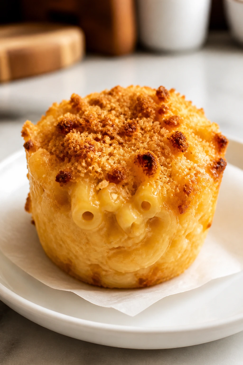 Close-up of a baked macaroni and cheese cup with breadcrumb topping