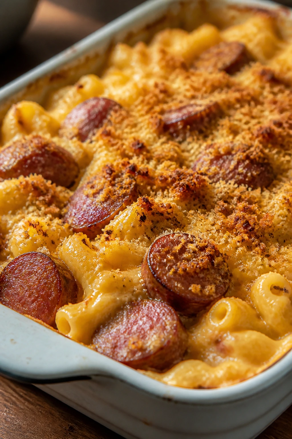 Sausage macaroni and cheese bake with golden breadcrumb crust