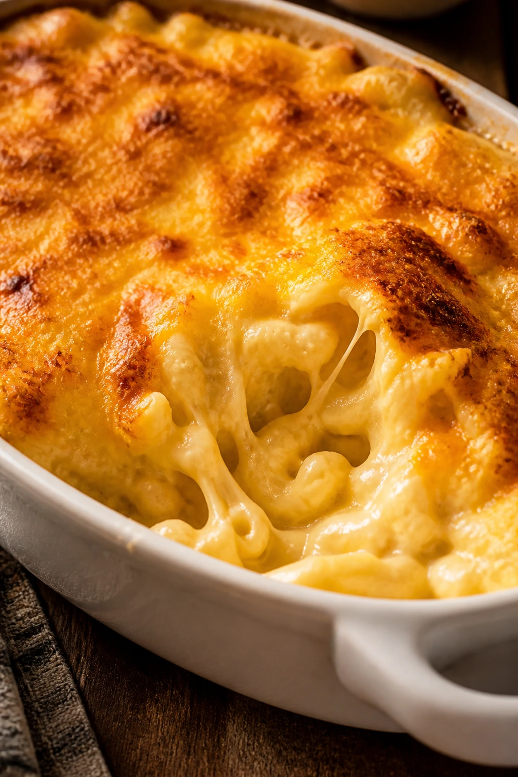 Creamy baked macaroni and cheese with a browned top.