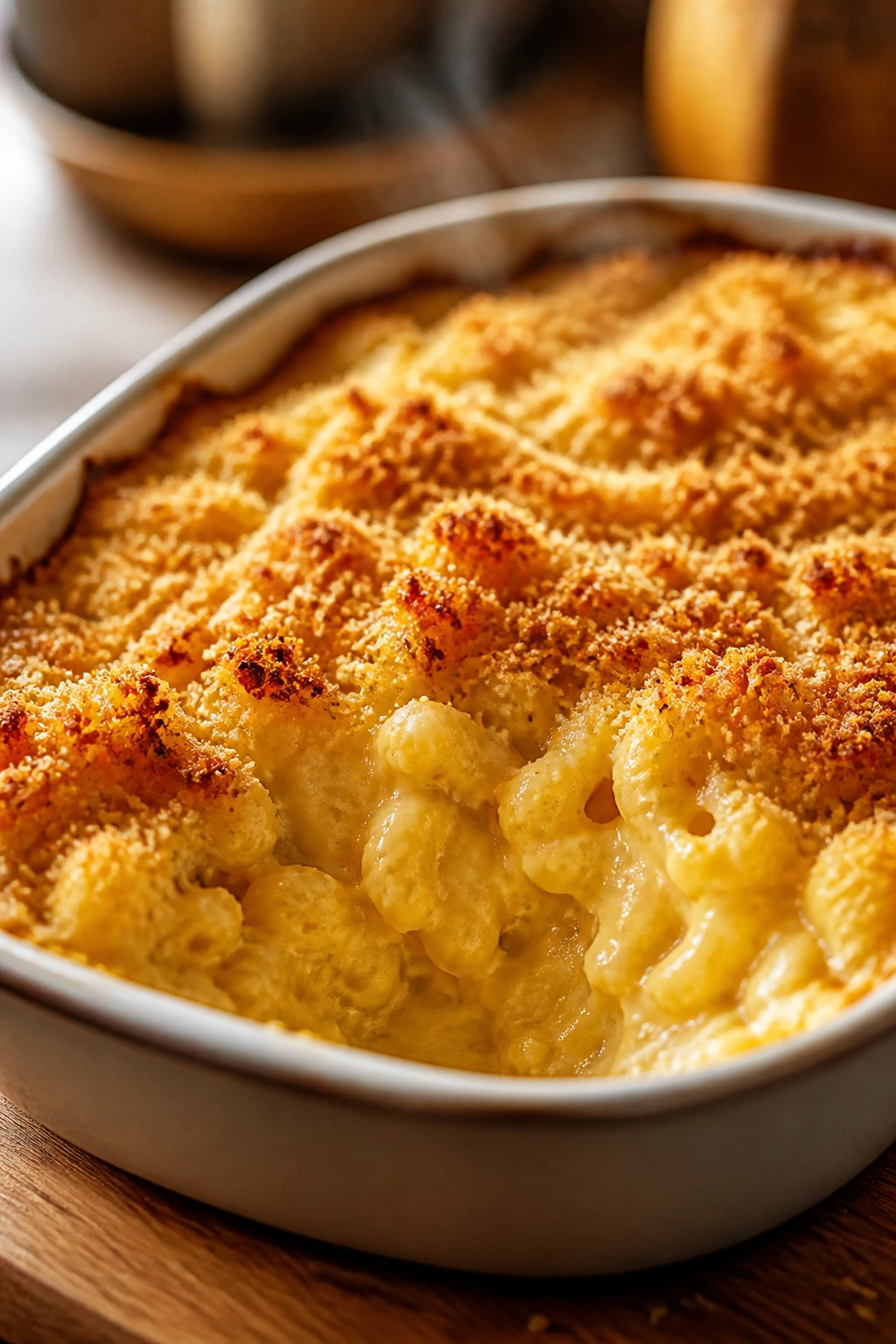 Close-up of creamy baked macaroni and cheese with breadcrumb topping
