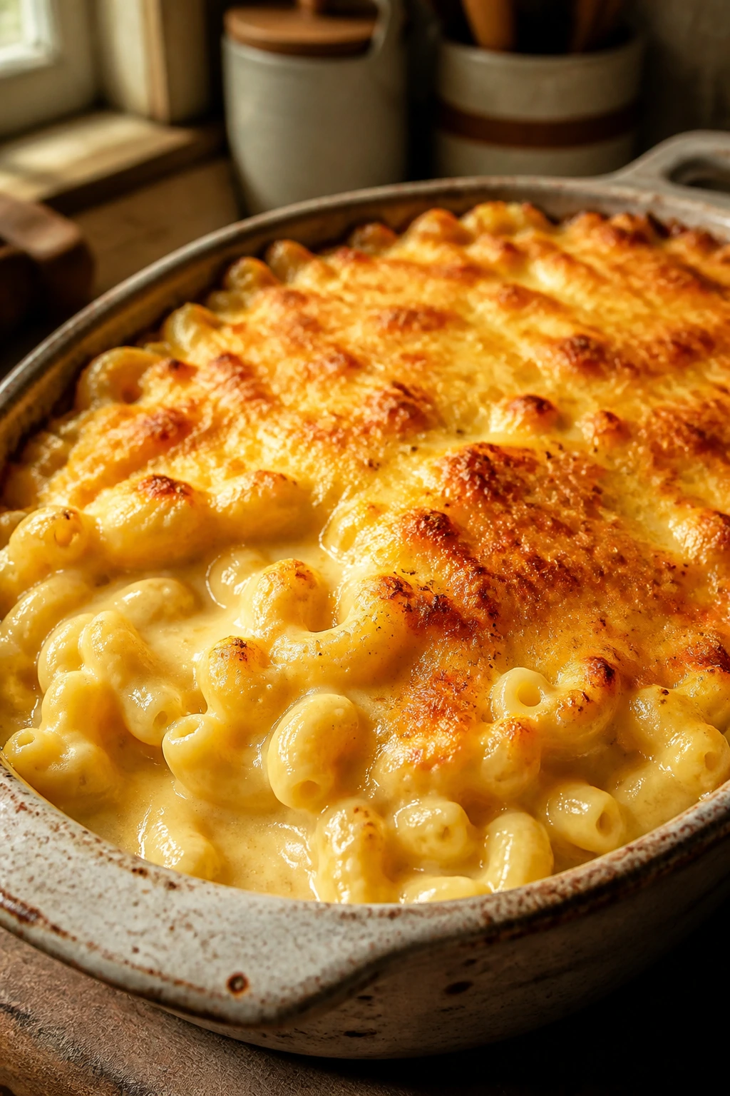 Close-up of creamy baked macaroni and cheese in a rustic dish