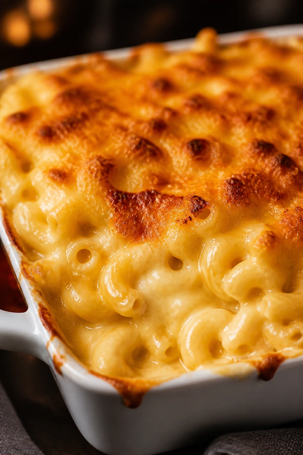 Creamy baked macaroni and cheese with a bronzed breadcrumb topping.