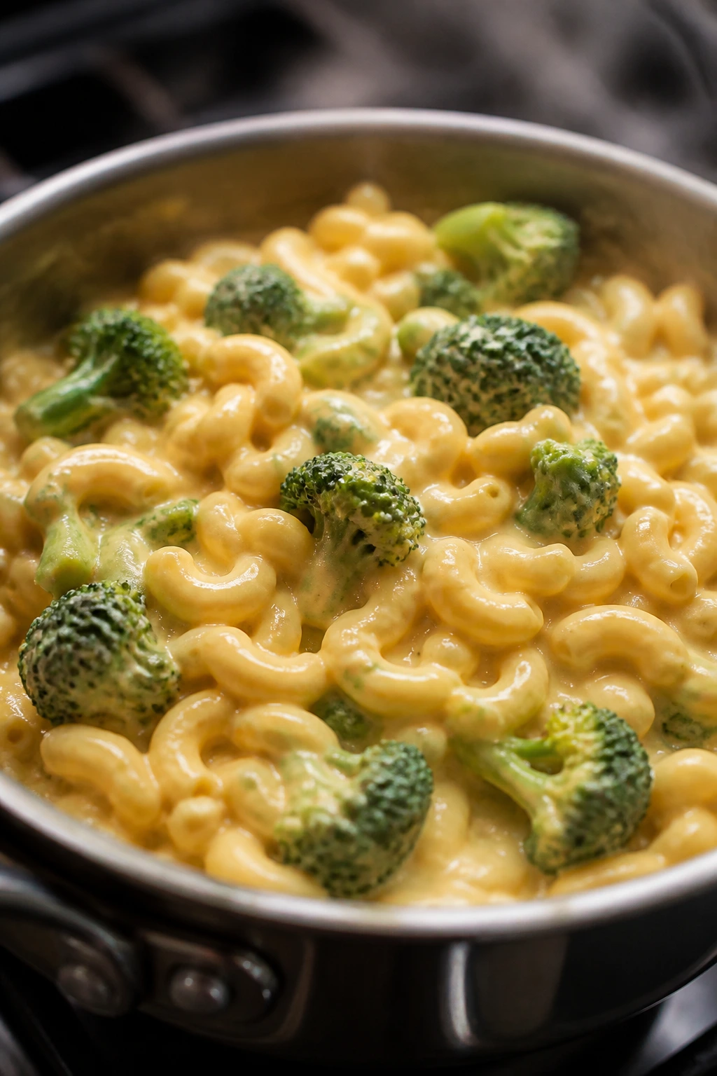 Creamy stovetop mac and cheese with broccoli in a pot