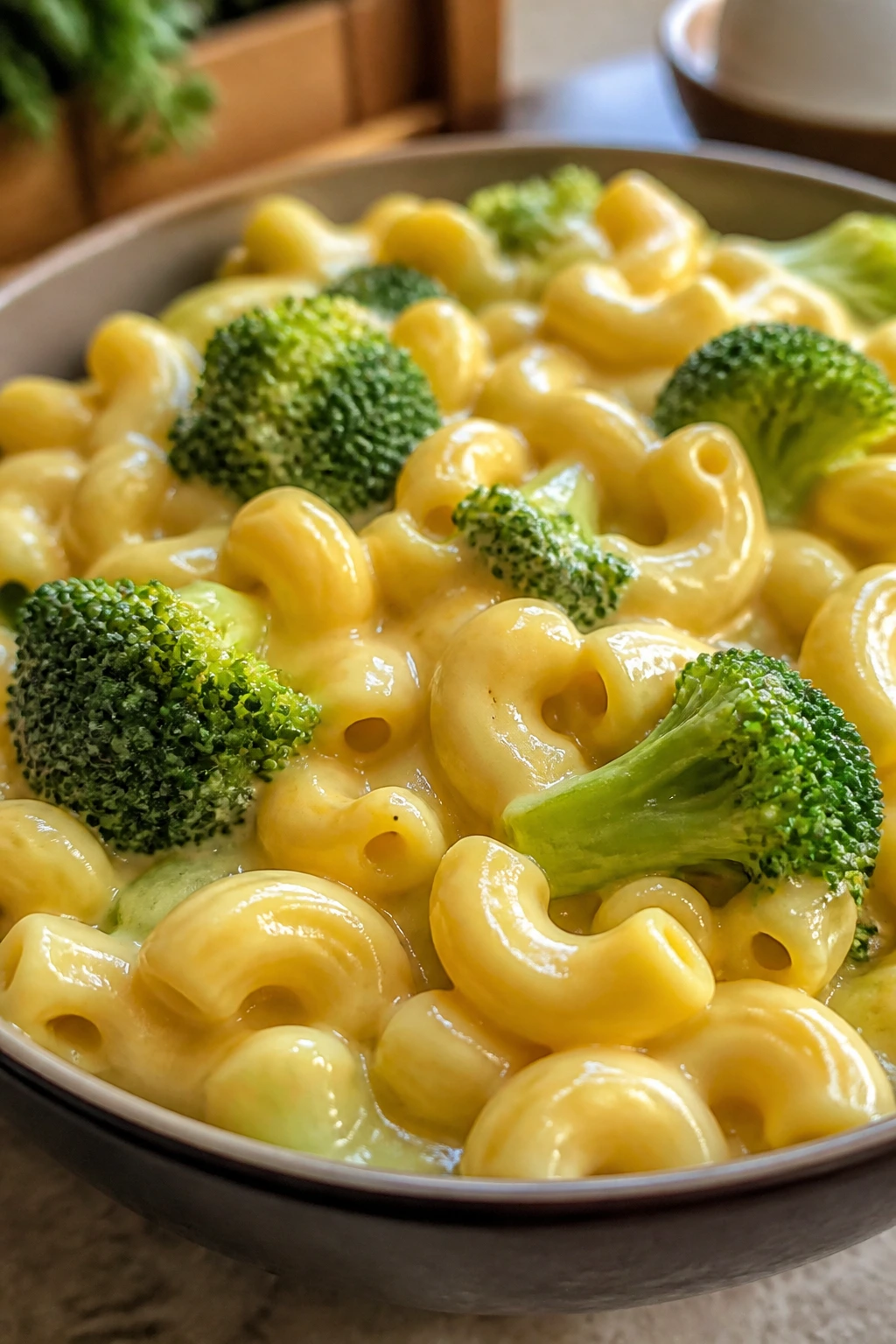 Close-up of creamy macaroni and cheese with broccoli florets