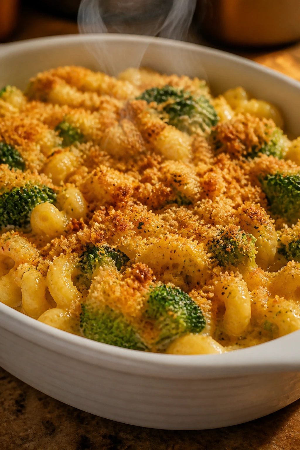Close-up of broccoli cheddar macaroni with a breadcrumb topping.