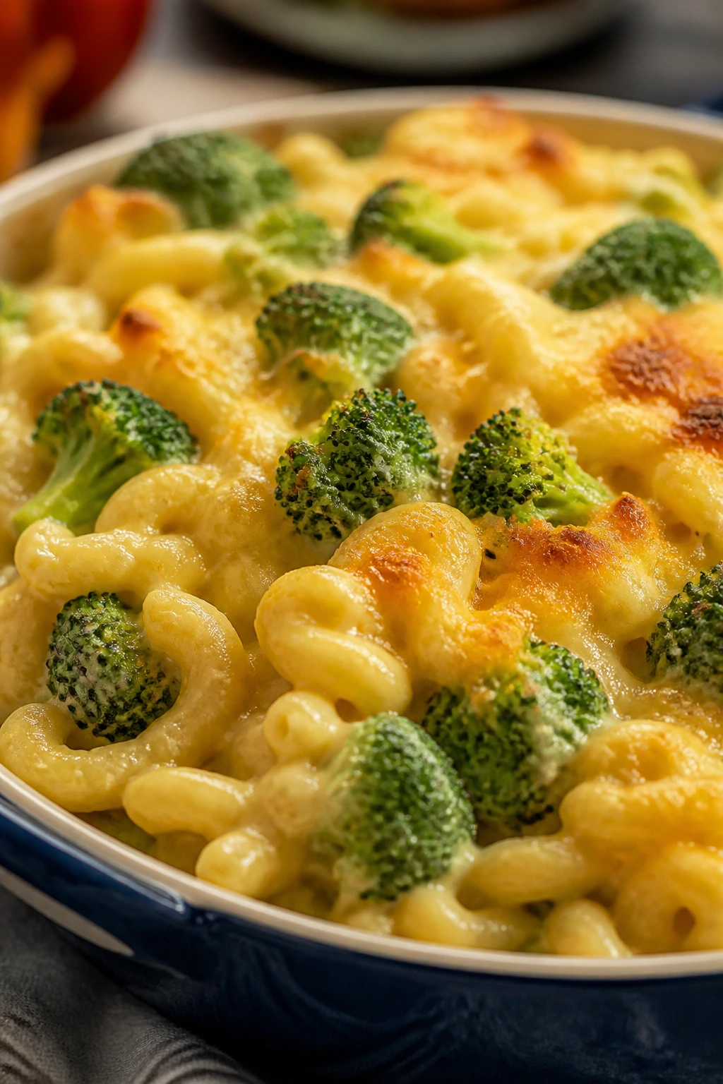 Creamy macaroni and cheese with broccoli florets