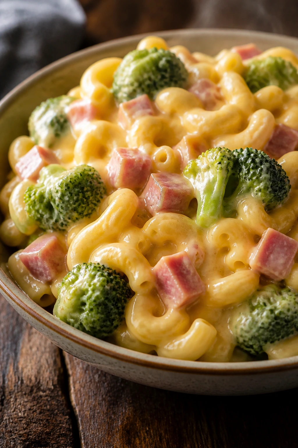 Creamy broccoli ham macaroni and cheese in a bowl