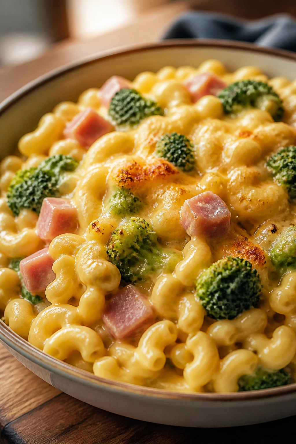 Creamy macaroni and cheese with broccoli and ham in a bowl on a kitchen counter