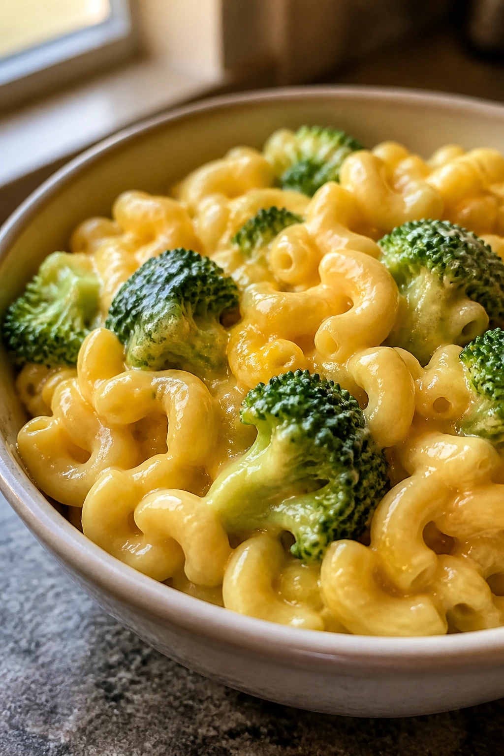 Creamy mac and cheese with broccoli florets in a bowl