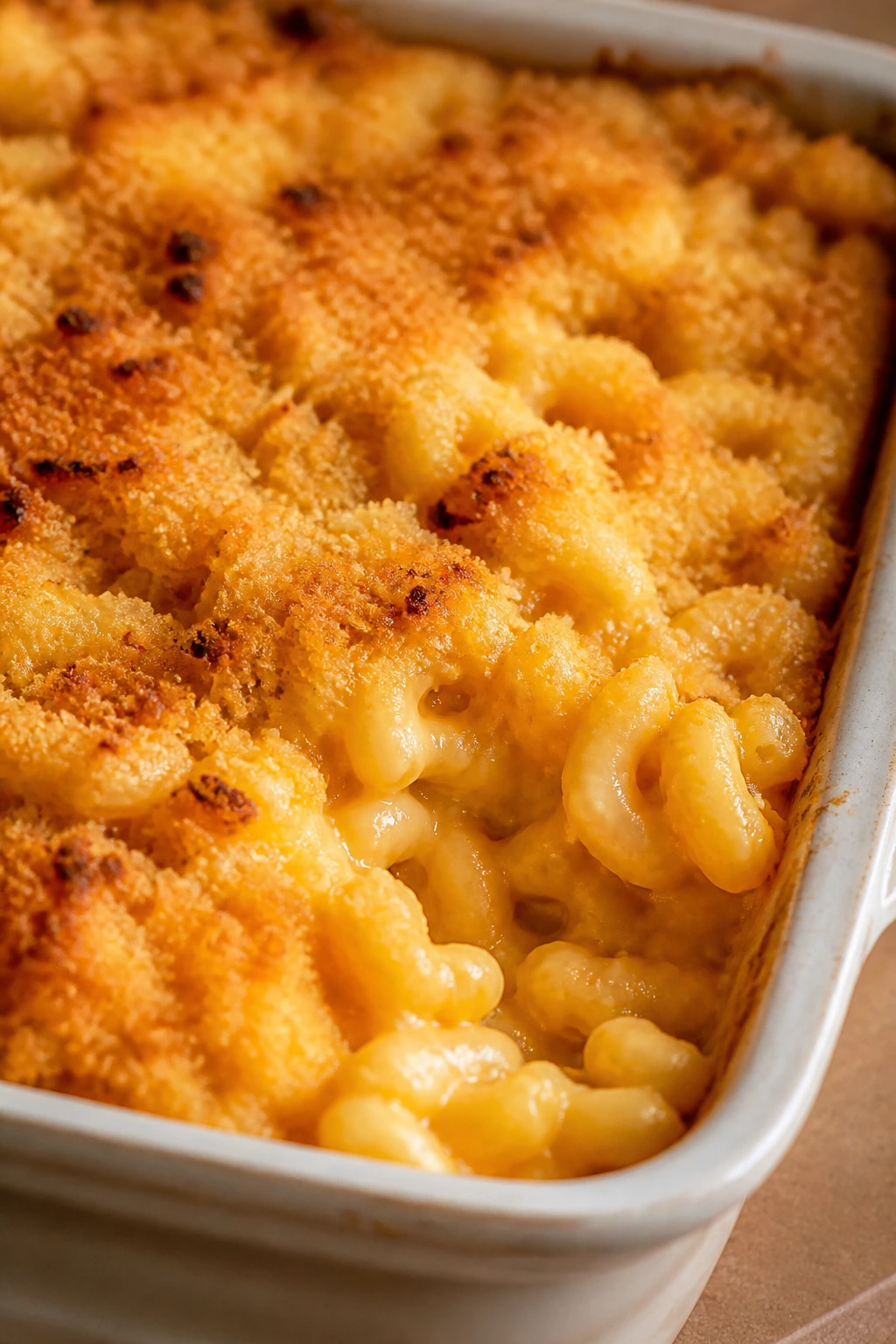 Golden baked mac and cheese with breadcrumbs in a dish.