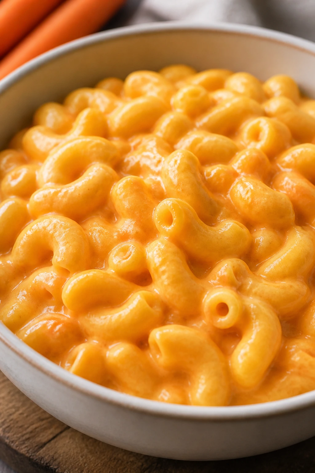 Creamy mac and cheese with blended carrot sauce in a bowl