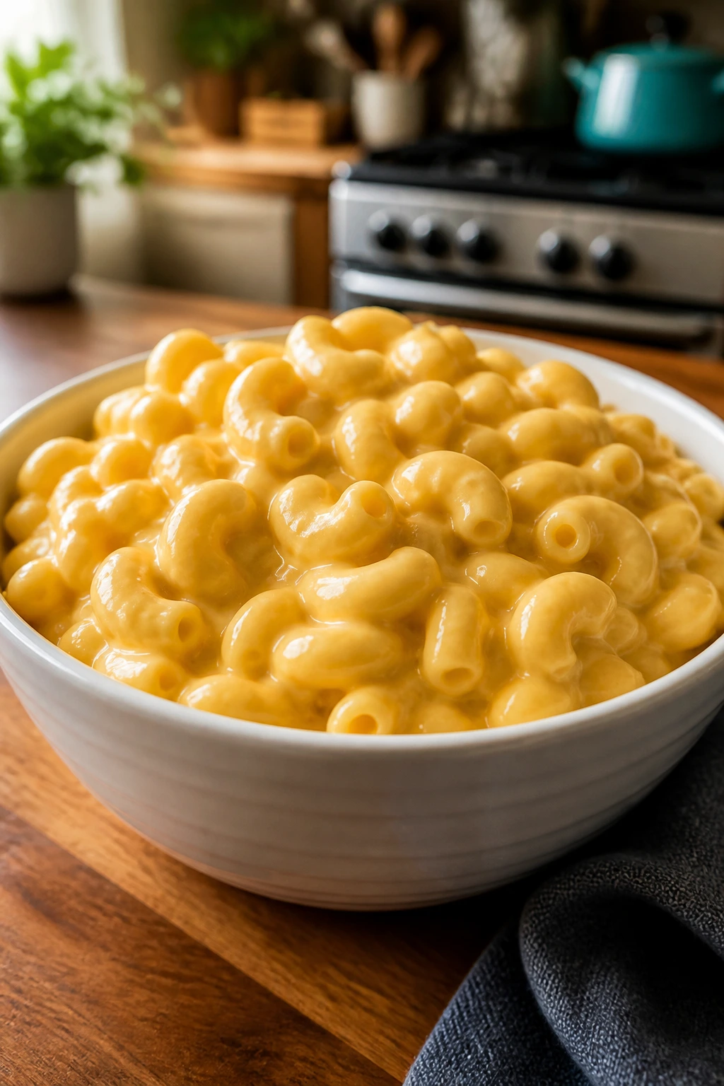 Creamy cauliflower-infused mac and cheese in a white bowl on a wooden kitchen table