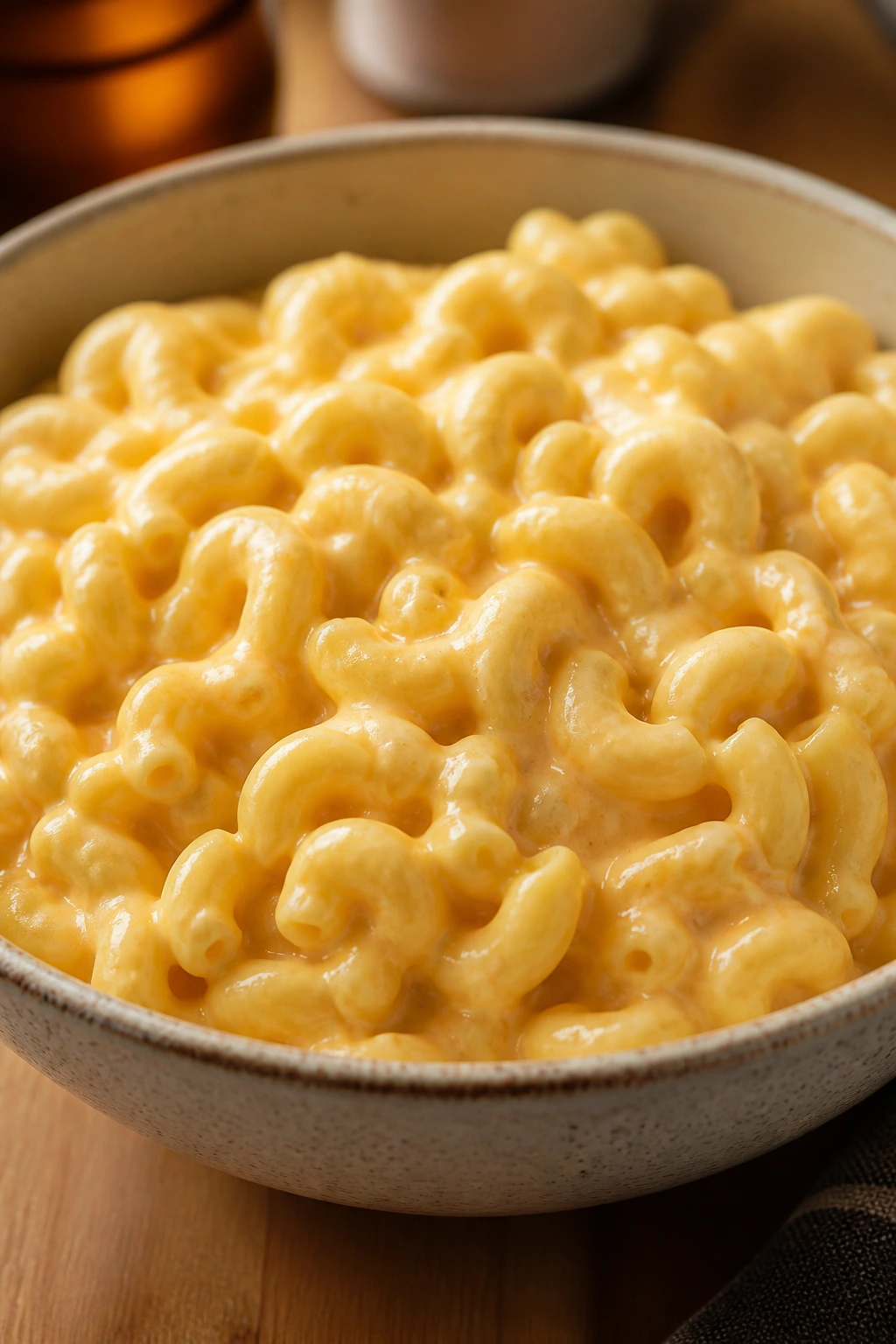 Creamy mac and cheese in a bowl with hidden cauliflower blended into sauce