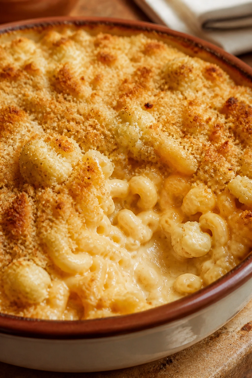 Creamy baked mac and cheese with cauliflower and breadcrumb topping