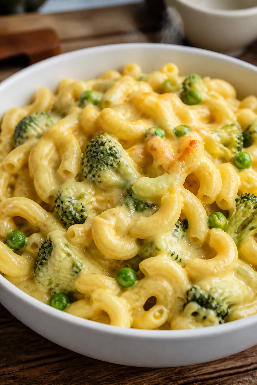 Close-up of veggie-packed mac and cheese with cauliflower sauce featuring broccoli and peas.
