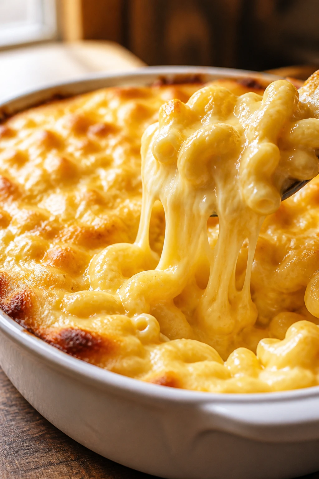 Close-up of creamy mac and cheese with a golden crust in a baking dish