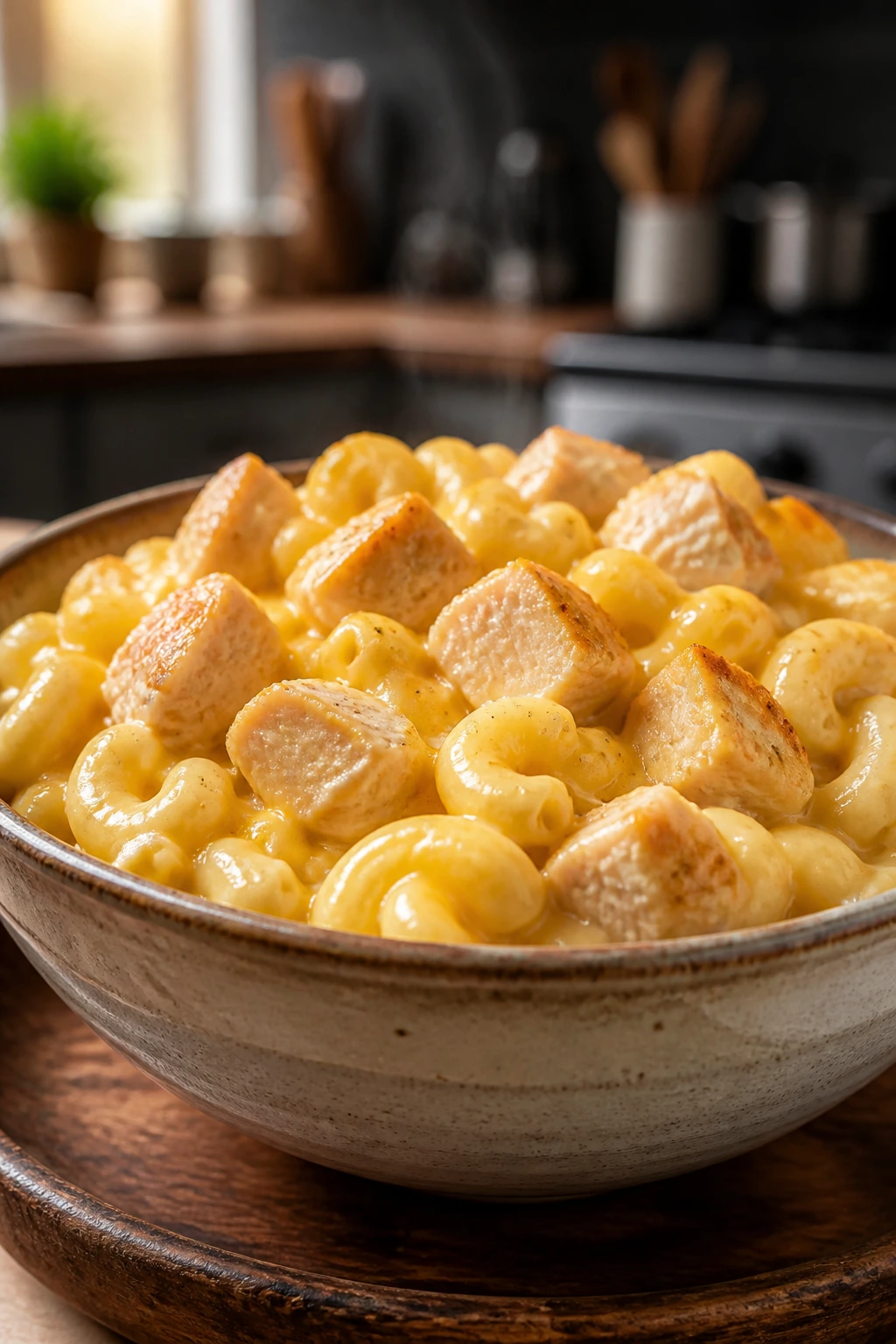 Creamy mac and cheese with diced chicken in a rustic bowl on a kitchen table
