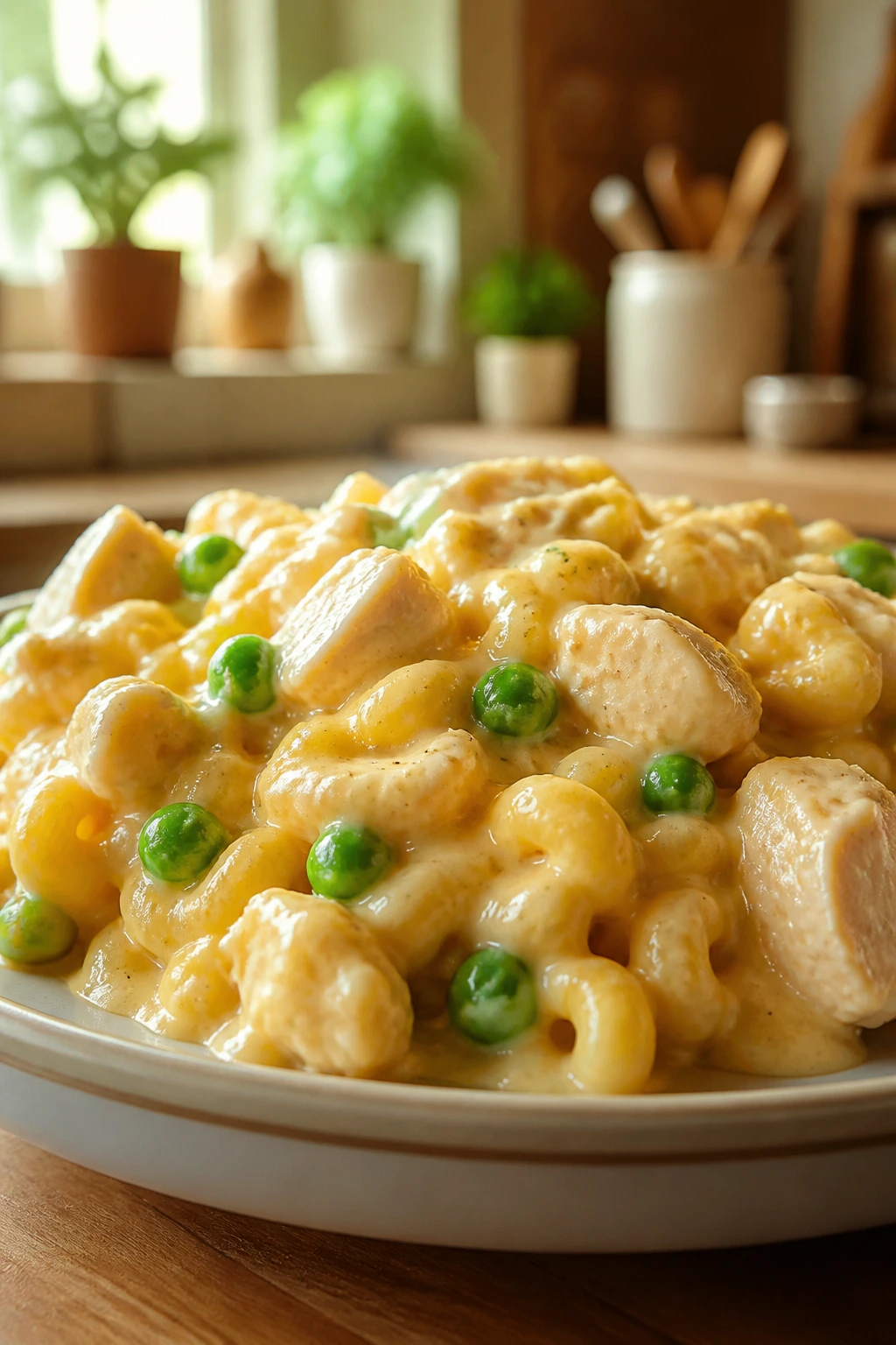 Creamy mac and cheese with chicken and peas on a plate.